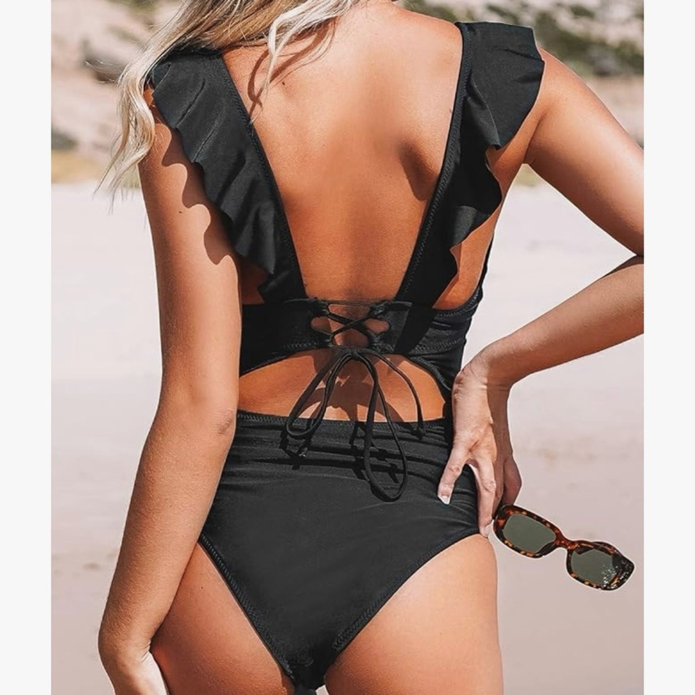 CUPSHE Women's Black V Neck Lace Up Ruffled One Piece Swimsuit
